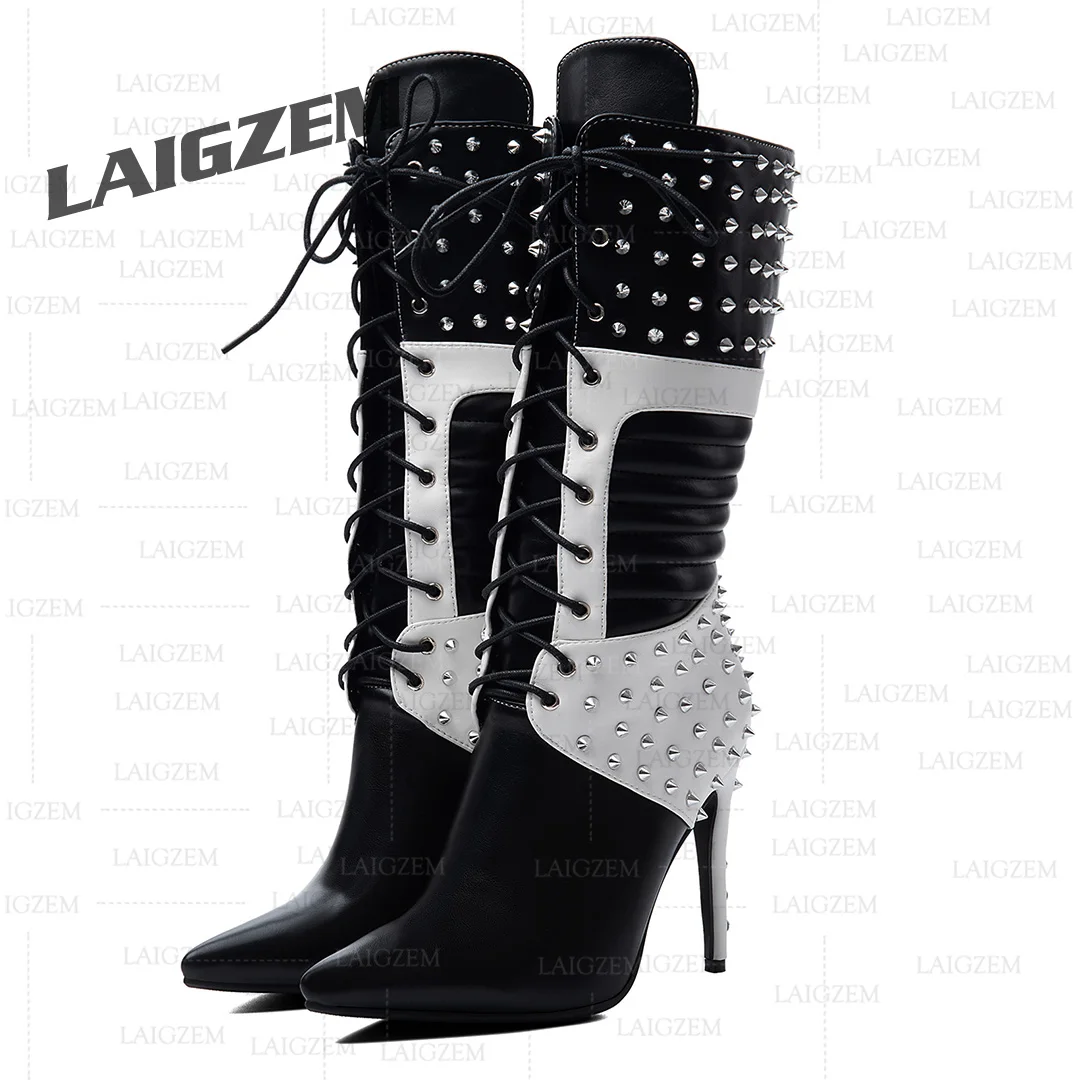 LAIGZEM – bottes à talons hauts pour femmes, bout pointu, fermeture éclair latérale, cloutées, talons aiguilles, chaussures faites à la main, grande taille 41 44 47
