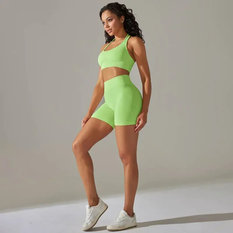 フィットネスバックレスレディースジムセットヨガスポーツブラクロップトップショーツセットジムワークアウト服スポーツウェア2ピースセットアウトフィット