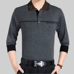 Autumn New Middle Aged Men Cotton Polo Shirt Solid Print Lapel Button Pocket Casual Loose Comfortable Versatile Long Sleeved Top