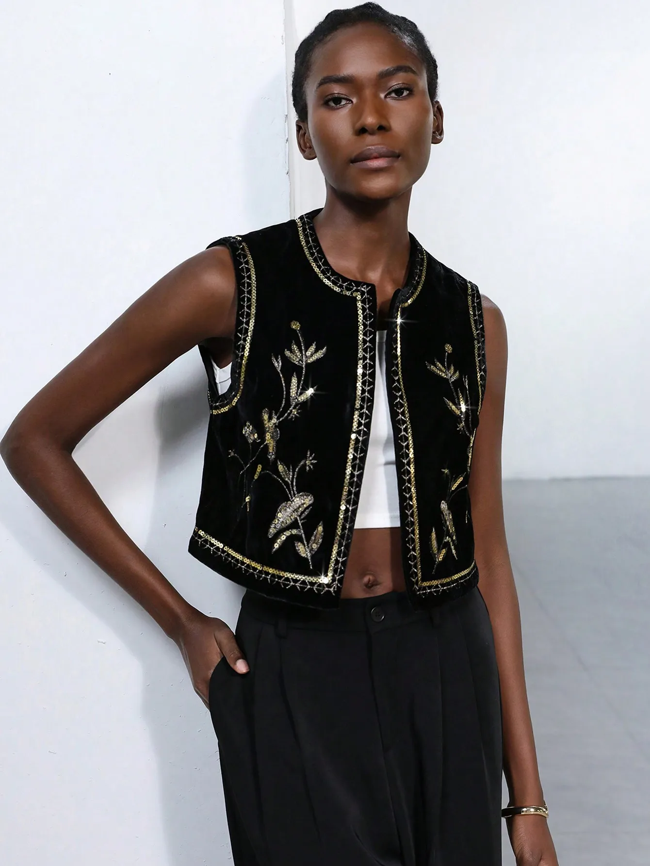 

Black Velvet Sleeveless Vest with Gold Floral Sequin Embroidery