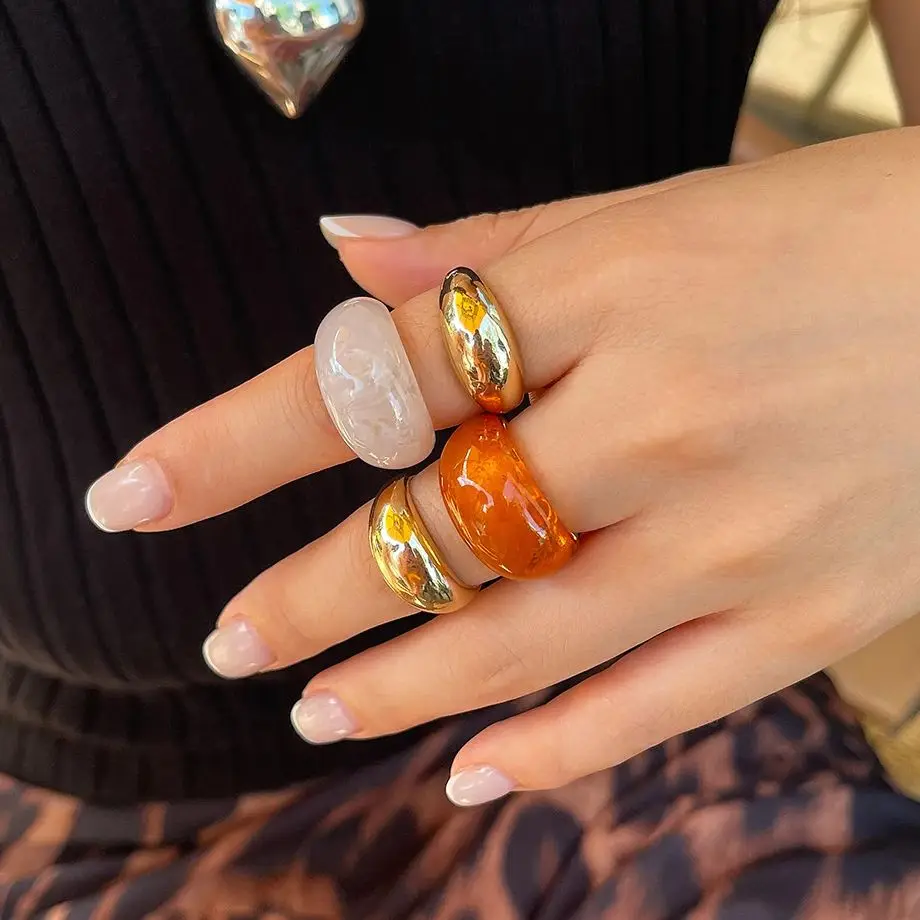 Ingemark 4Pcs/Set Minimalism Retro Geometry Resin Rings Women Trendy Creative Metal Open Knuckle Ring 2026 New Couple Jewelry