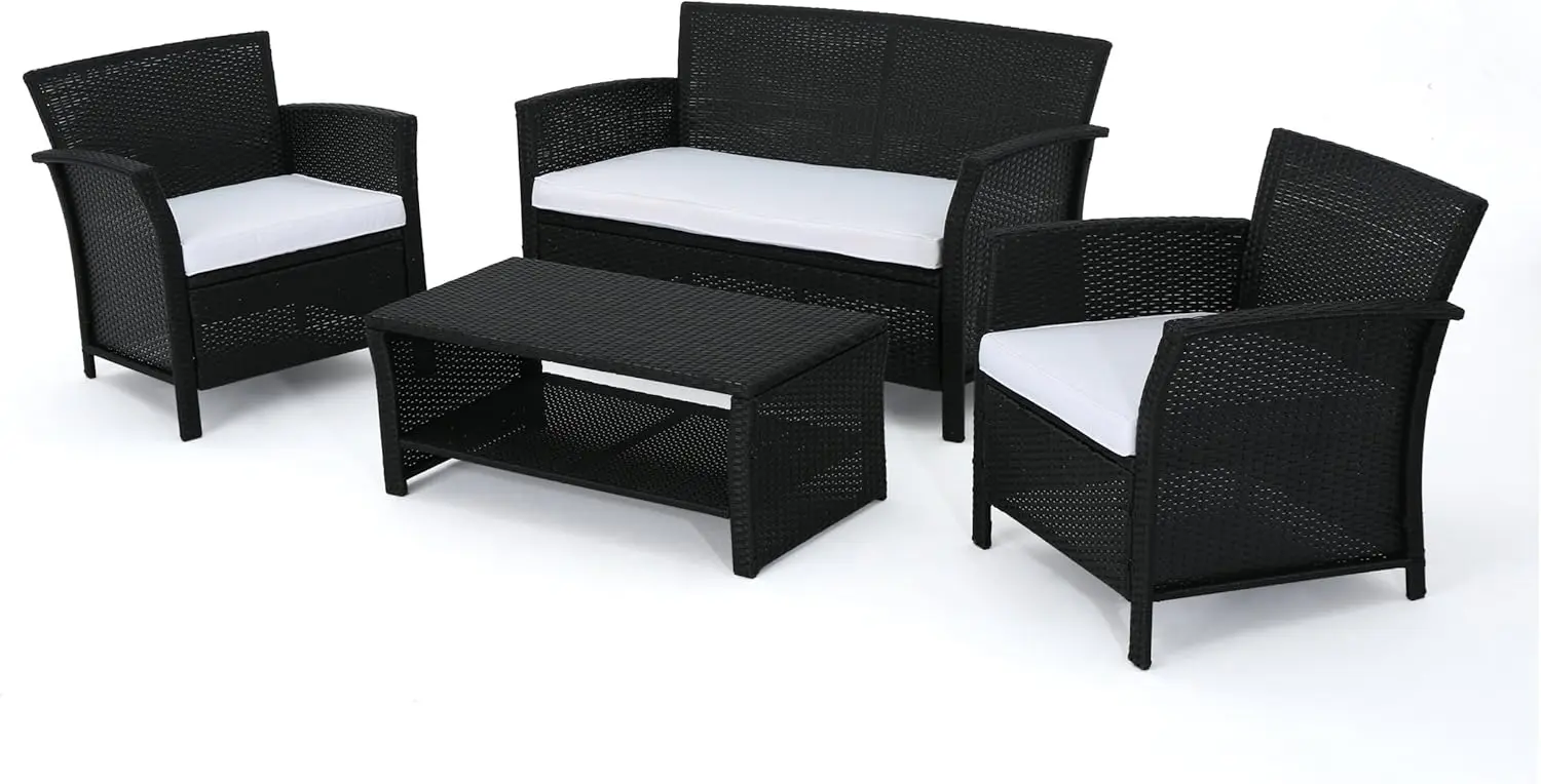 Outdoor Wicker Chat Set with Water Resistant Cushions, 4-Pcs Set, Black / White