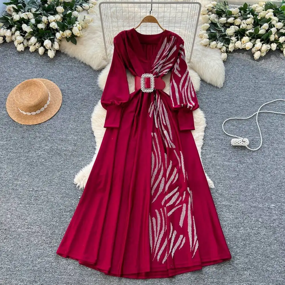 

Шикарное сексуальное элегантное платье с v-образным вырезом и рюшами и поясом, повседневное фея с длинными рукавами, трапециевидное осеннее платье, женское вечернее платье