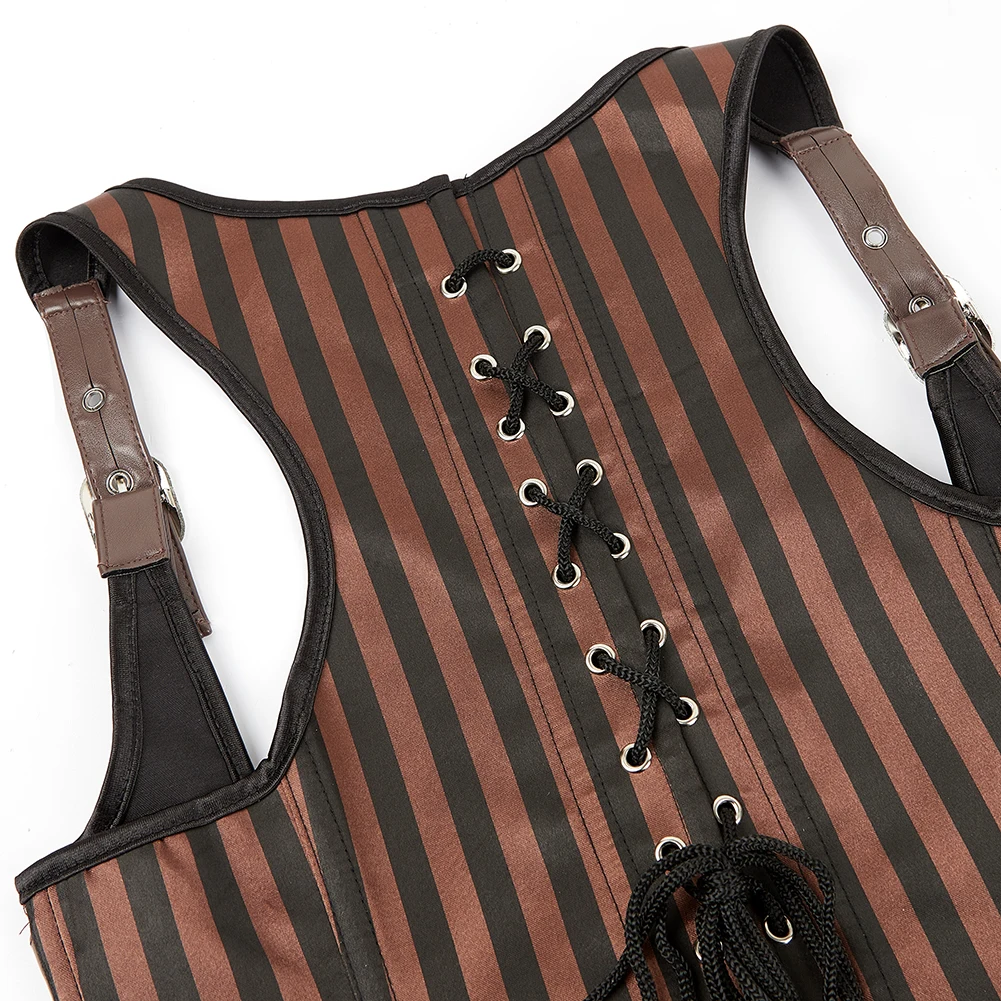 Espartilho Steampunk Listrado Bustier, Colete Underbust Marrom, Alças de Ombro Top, Espartilho Marinheiro Gótico