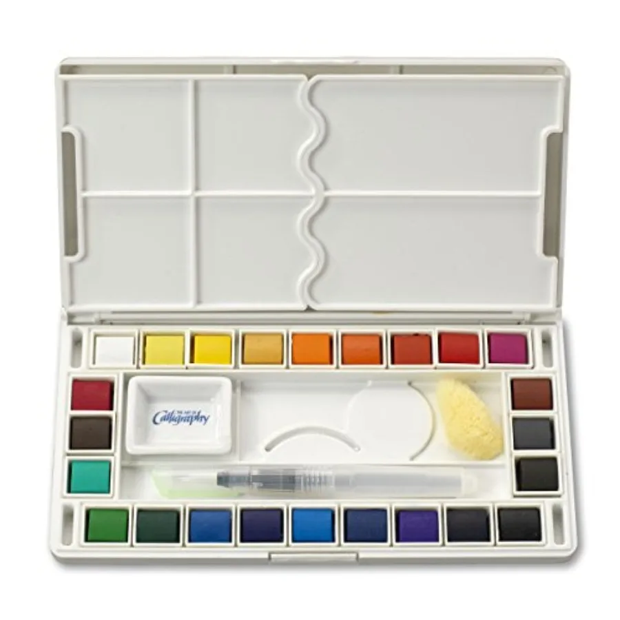 

24 Assorted Water Colors Travel Pocket Set- Quality Refillable Water Brush with Sponge - Easy to Blend Colors - Built in Palett