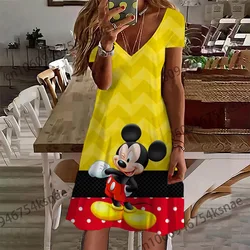 Disney V Neck koszule damskie na letnią sukienkę 2022 nowy Hit sukienka w stylu koreańskim kobiety eleganckie luksusowe Mickey swobodne sukienki spódnica