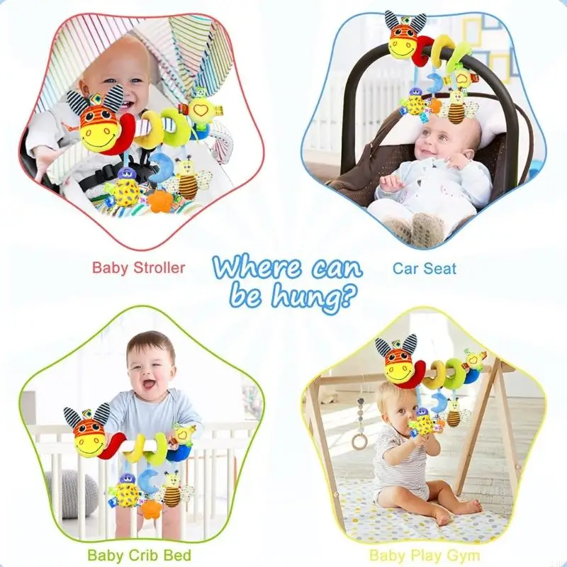 Espirais animais desenho animado, berço brinquedo móvel com textura chocalho animal, mordedor para estimulação