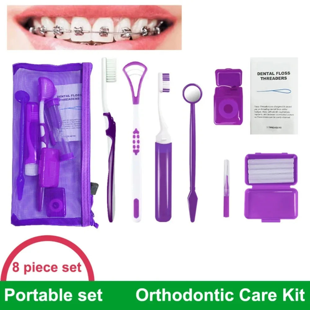 ~8pcs/set Dental Care Brush Kit Multicolour Dental Wax Teeth Cleaning Tool Mesh Bag Foldable Interdental Brush Floss Thread Wax