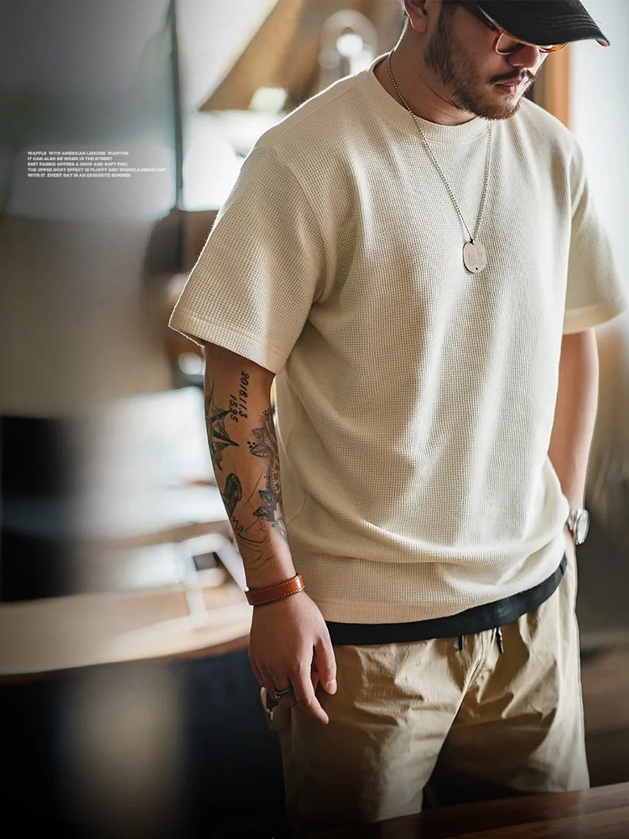 

Мужская летняя футболка Maden American Retro с коротким рукавом, круглым вырезом, вязаная, с вафельным узором, дышащая, из полиэстера и хлопка.