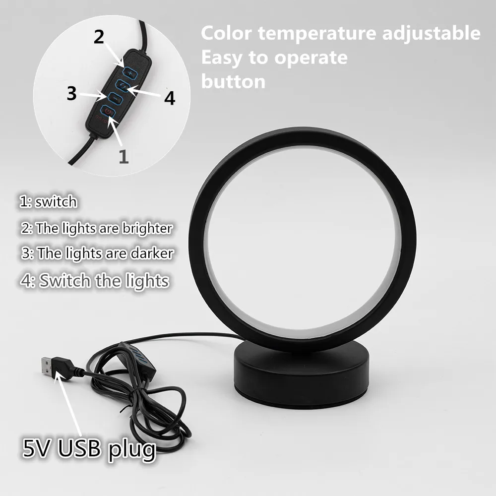 Nordic Style LED Table Lamp 5VUSB Plug Three Tone Light Circular Atmosphere Wrought Iron Design for Bedroom Study