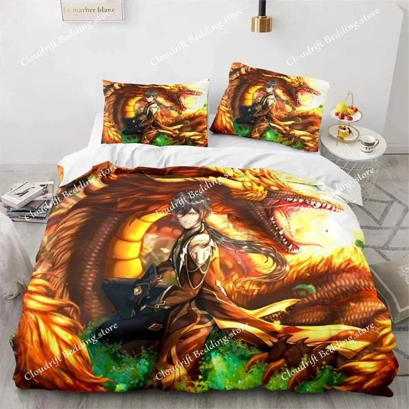 Gaming Genshin Impact Hutao Cosplay Duvet Cover Cartoon Bedding Set Full Size King Bed Comforter Quilt Cover Pillowcase Home
