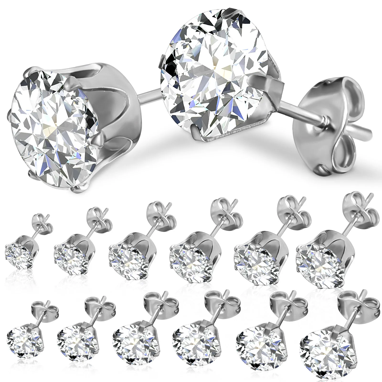 12Pairs Ear Silver Earrings Simple Cubic Zirconia High Definition Cut Facets Women Jewelry