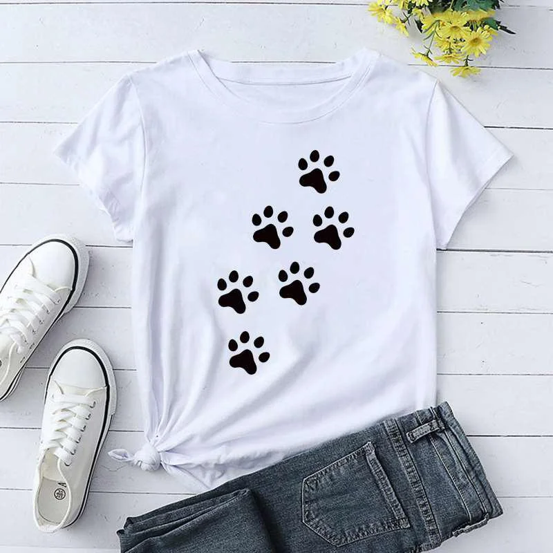 Dog Paw Print T-shrits For Women Summer Short Sleeve Round Neck Unisex Cute Loose T-shirt Creative Personalized Tops