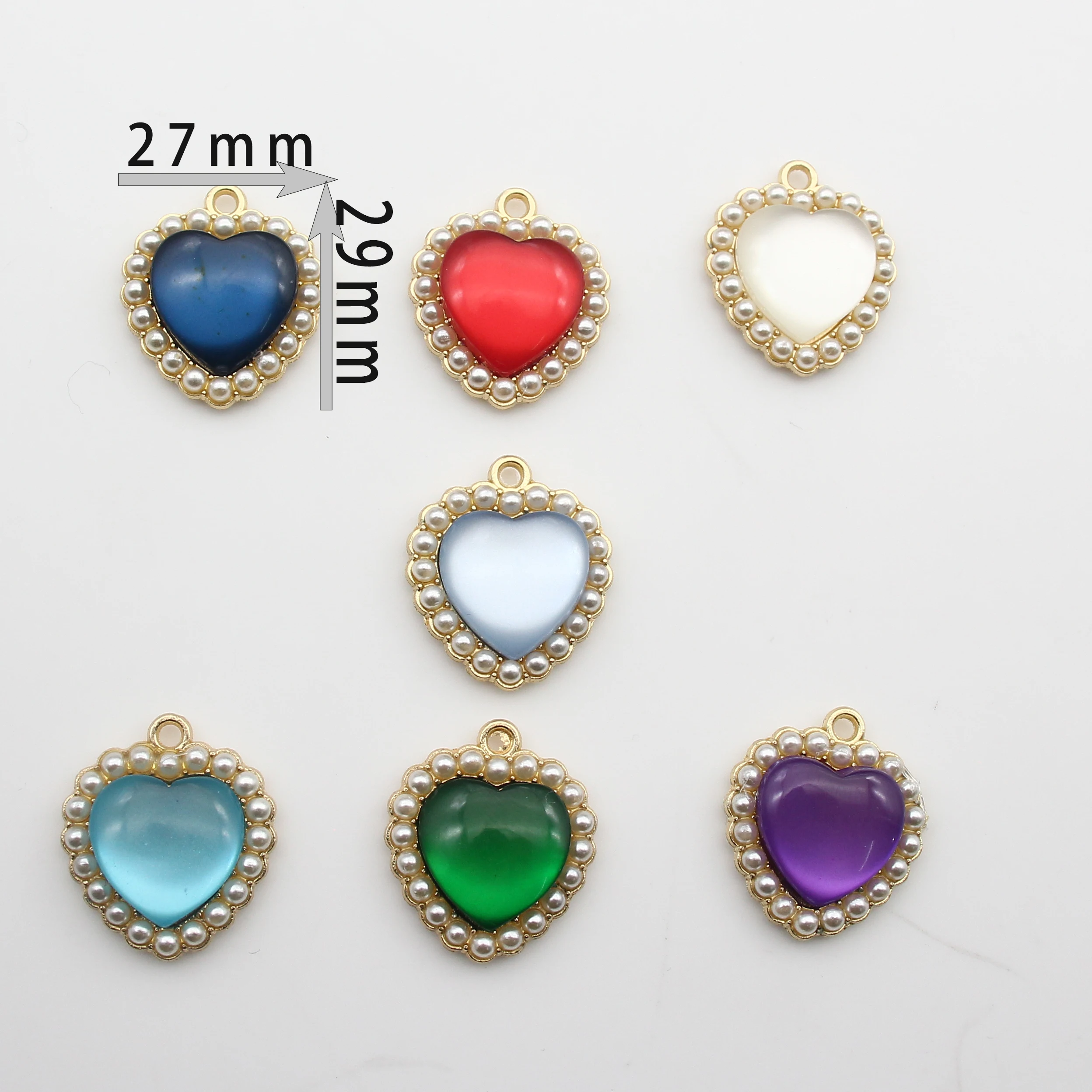 5Pcs/Pack Multi‑Color Heart Cat Eye Pendant 27×29mm Pearl Border Alloy Charms for DIY Handcraft Jewelry Accessories