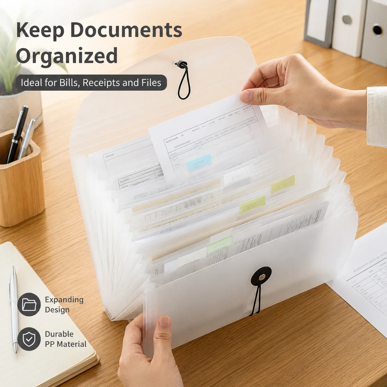 

PP Expanding File Folder 13 Pocket Accordion Document Organizer with Tabs Elastic Closure Receipt Bill Holder