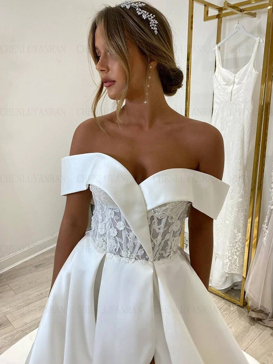 Sexy Satin Wedding Dresses Off-The-Shoulder Long Wedding Bride Dress High Quality Slit Dresses For Wome 2024 Vestidos De Novia