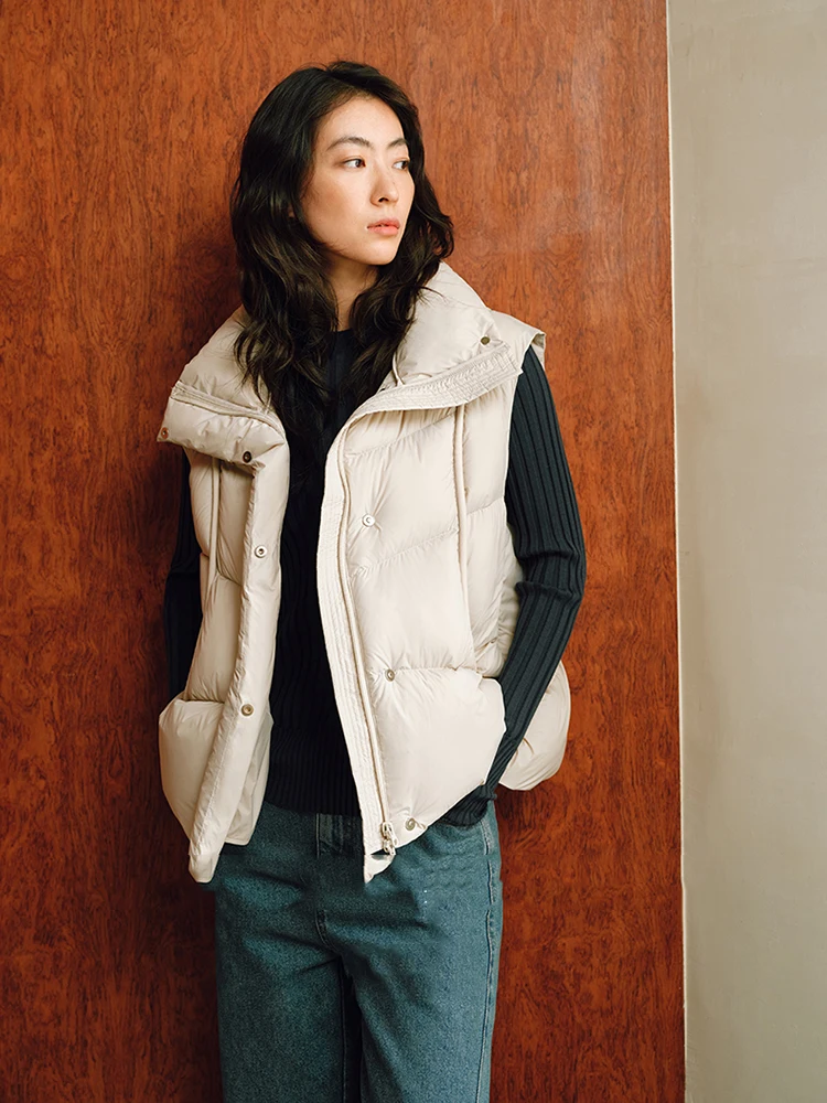 Herbst Winter Gebogene Puff Stehkragen Unten Weste Weibliche Doppel-reißverschluss Weste Outwears Frauen Weiße Ente Unten Flauschigen Warme Westen