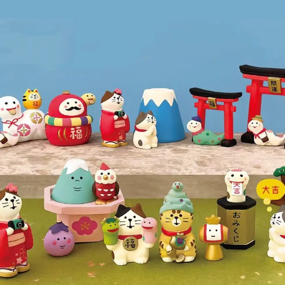 Figuras de gato de estilo japonés, artesanía artesanal de resina, adorno de escritorio de Año Nuevo, micropaisaje en miniatura hecho a mano