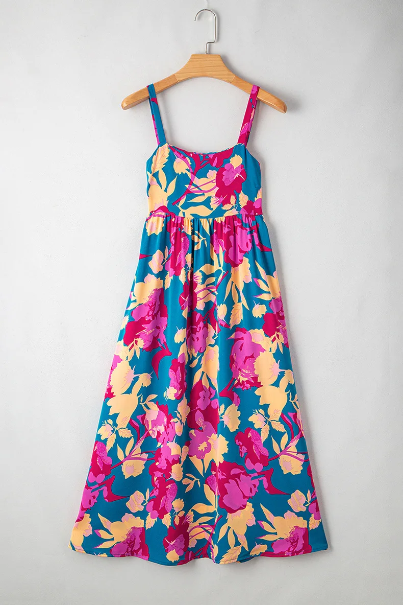 2025 Summer New Hooded Strap A-line Long Dress For Women Fashion Versatile Flower Printed High Waist Vacation Boho Dress