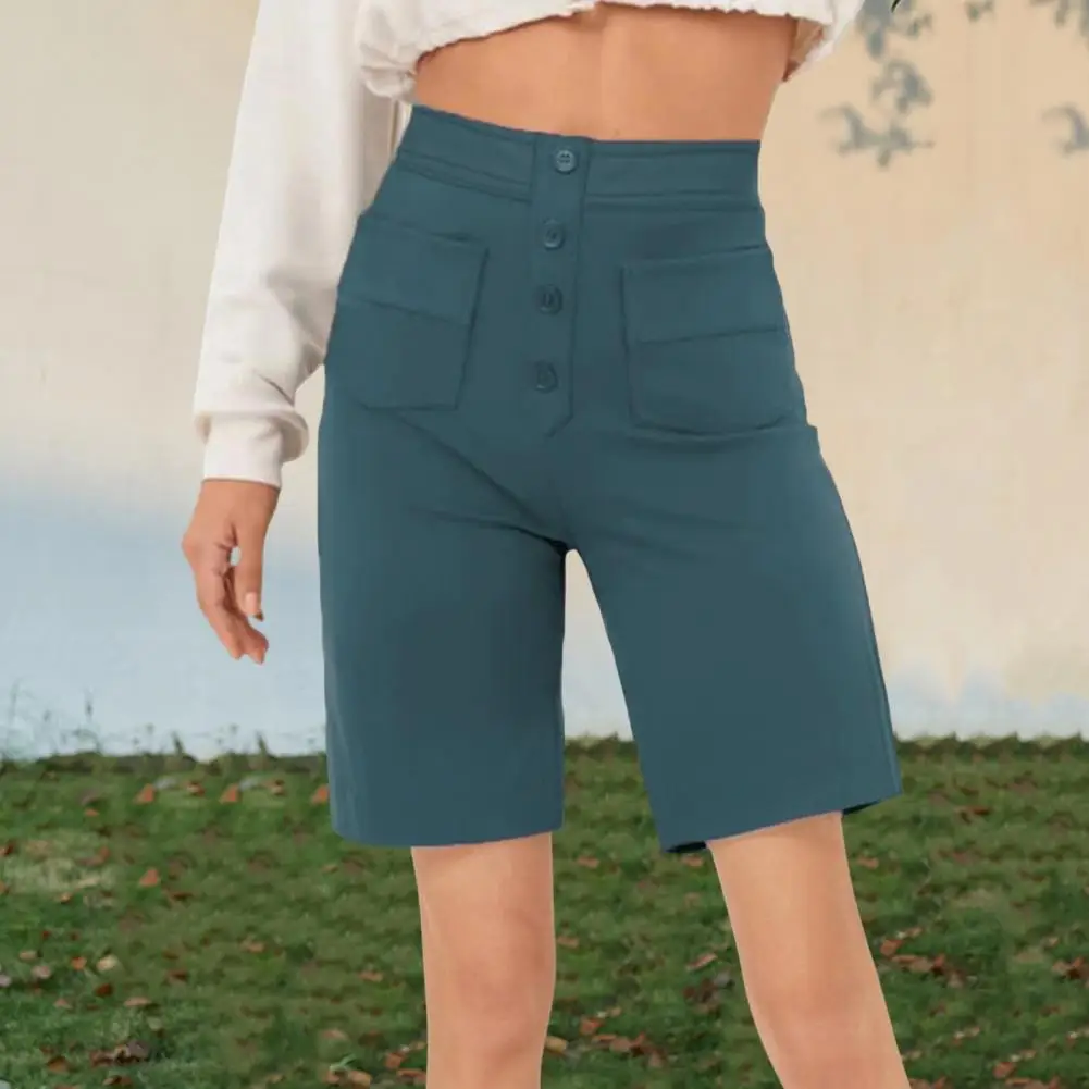 

Straight Leg Shorts Stylish Women's High Waist Buttoned Shorts with Multiple Pockets Versatile Knee Length for Work for Everyday