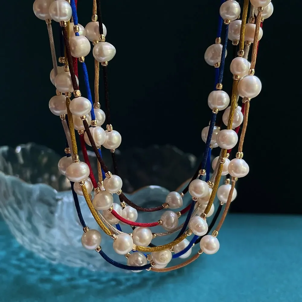 Collar de gargantilla de perlas naturales de agua dulce para mujer, cadena de cuerda, joyería gótica Vintage, encanto de Perla Barroca de patata, collar Simple