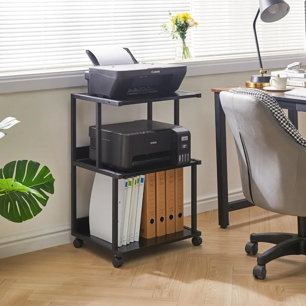 

Black Printer Stand with Storage Shelf,3 Tier Printer Table with Wheels,Printer Cart for Home Office Organizatio