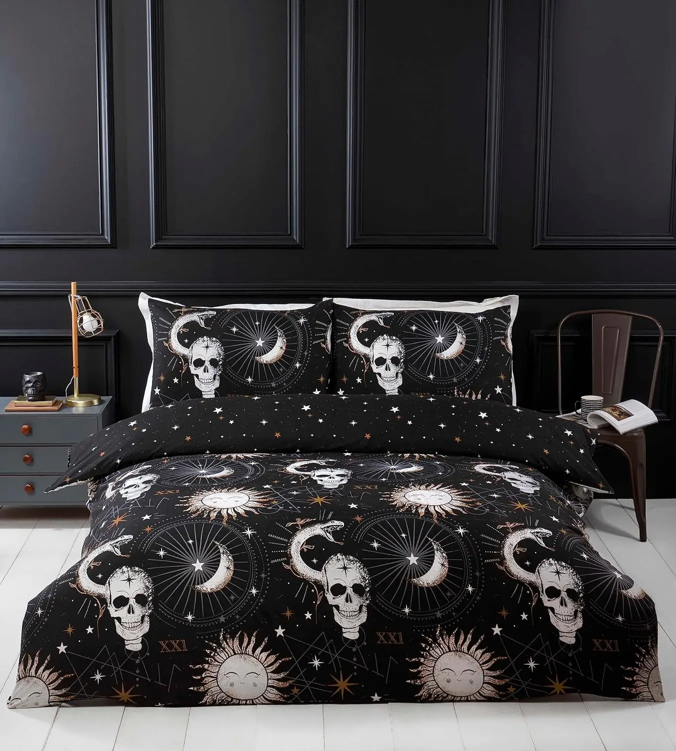 3 Pcs Dark Gothic Style Microfibre Single Duvet Cover Set, Skulls and Stellar Bedding Set, Black Skull Bedding Set Double Size