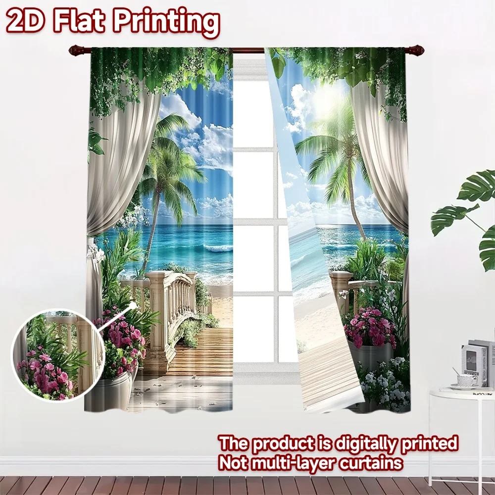 2D flat 2pcs Curtain Vintage drapes and curtains Tropical Beach View Durable polyester fiber Festive Holiday Perfect for Booths