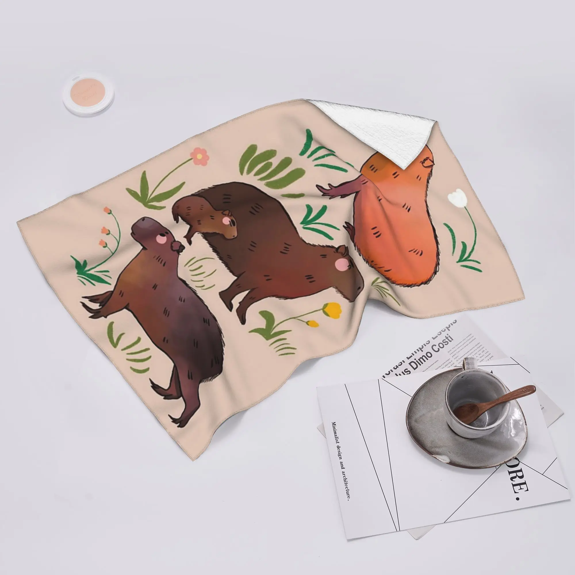 Custom Capybara - Cute Green and Brown Animal Illustration Soft Face Towel Quick Dry Pool Bath Cotton Towels Absorbent Quick