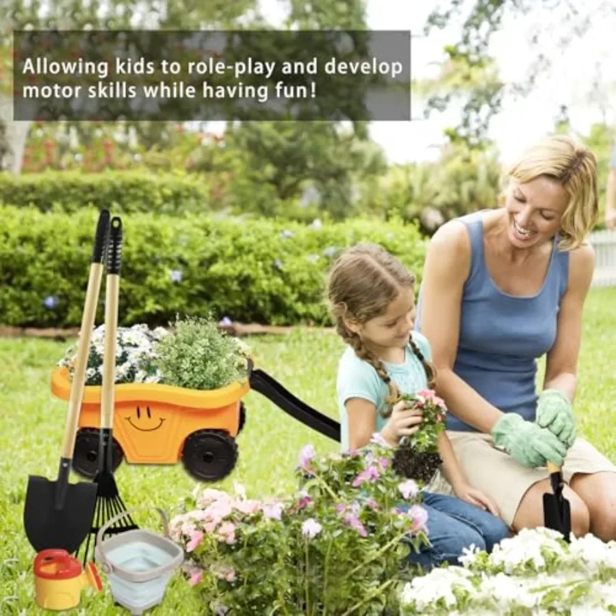Gardening Tools Set 8 Pieces Wagon with Beach and Garden Tools Shovel Rake Outdoor Toys for 34 Years Old