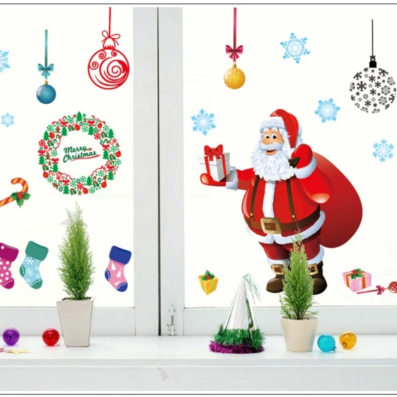 1PC Christmas Decals Window Stickers Large Santa Snowflake Cling DIY Wall Door Reusable Static Decal Sticker For Showcase Party