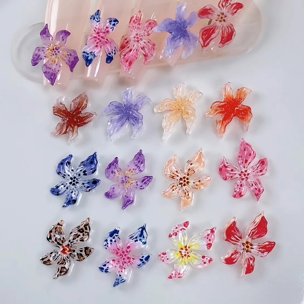 60pcs/Box 3D Ice Crystal Flower Design with Leopard Print Nail Art Charms Lily Flower Nail Art Decor Acrylic Floral DIY Manicure