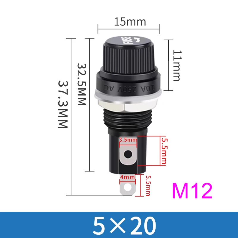 Sicherungs halter hoch temperatur beständig mit Glasrohr 5x20 schwarzer Knopf m12 Mutter Sicherungs halter 250v 10a