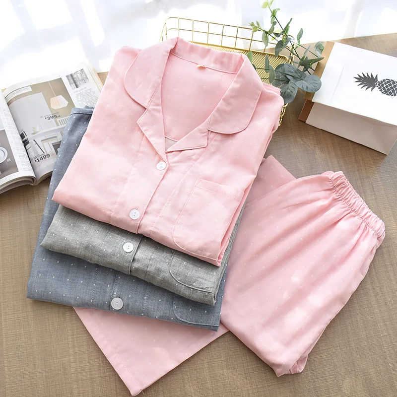 

Autumn Couple Gauze Cotton Pajamas Women's Long Sleeve Double Cotton Homewear Plain Women's Simple Homewear Sets