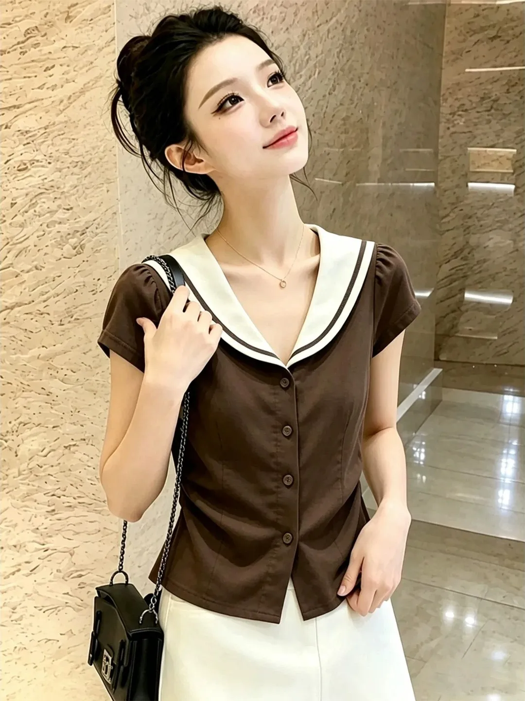 Slim Fit Short Sleeve Shirt Women's Summer Naval Collar Color Block Single Button Waist Cinching Anti-Aging Top Korean Style