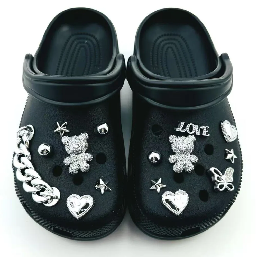 15PCS Summer Fashion Shoe Charms Set Accessories for Clogs Shoe Buckle Diamond Bear Chain Rivet DIY Shoes Decorations