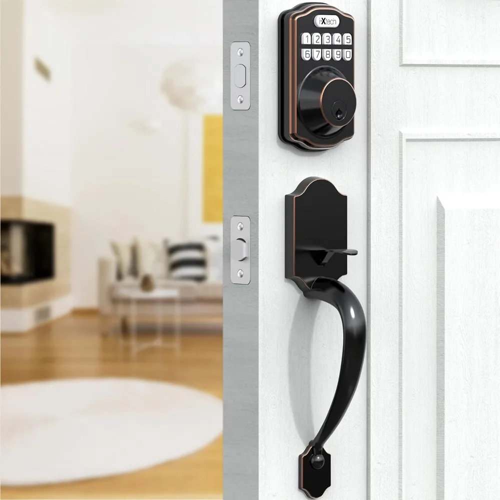 Home Keyless Entry Door Lock Deadbolt with Handle, Fits Standard Right and Left Hand Front Doors, Customizable Button Electroni