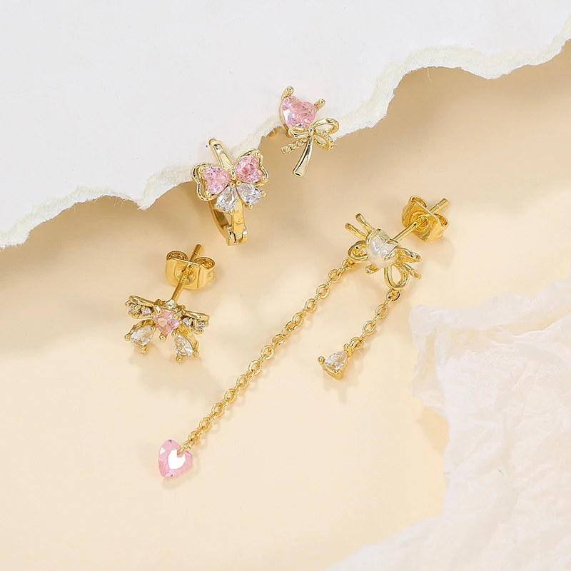 الوردي تشيكوسلوفاكيا زركونيا القلب استرخى طقم من الحلقان للنساء مطلية بالذهب ثقب Bowknot وأقراط امرأة مجوهرات الأزياء الإكسسوار #3