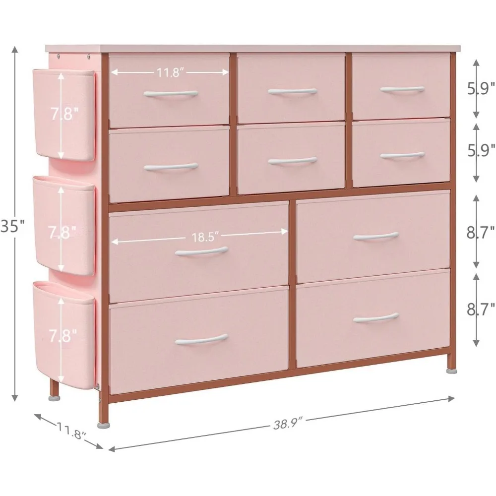 Dresser for Bedroom, 10 Drawers Fabric Storage Drawer, Dressers & Chest of Drawers with Side Pockets, Hooks, Wood Tabletop