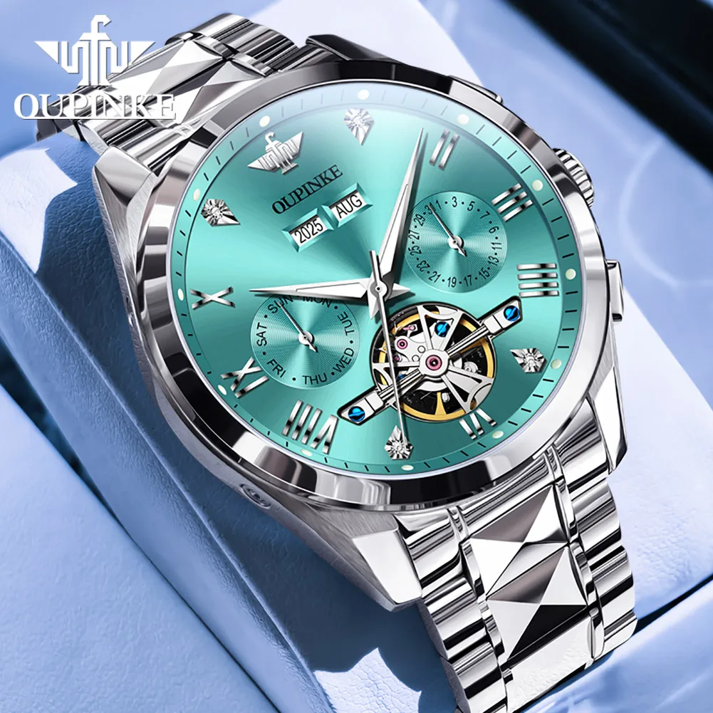 OUPINKE 3240 Skeleton Herrenuhren 50 m wasserdicht automatische mechanische Uhr Saphir leuchtendes Datum Wolframstahl Markenuhr 3