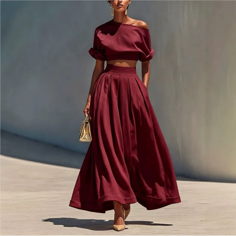 2026 New Summer Women's Skirt Set Solid Color Off Shoulder Waist Elegance And Fashionable Seaside Vacation Style Loose Skirt Set