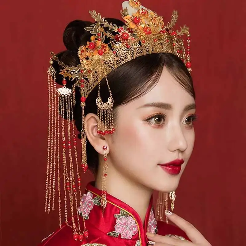 Retro Chinese Headdress Crown Headband Catwalk Stage Wedding Hair Accessories Pearls Beaded Tassel Tiaras Earring Hair Jewelry
