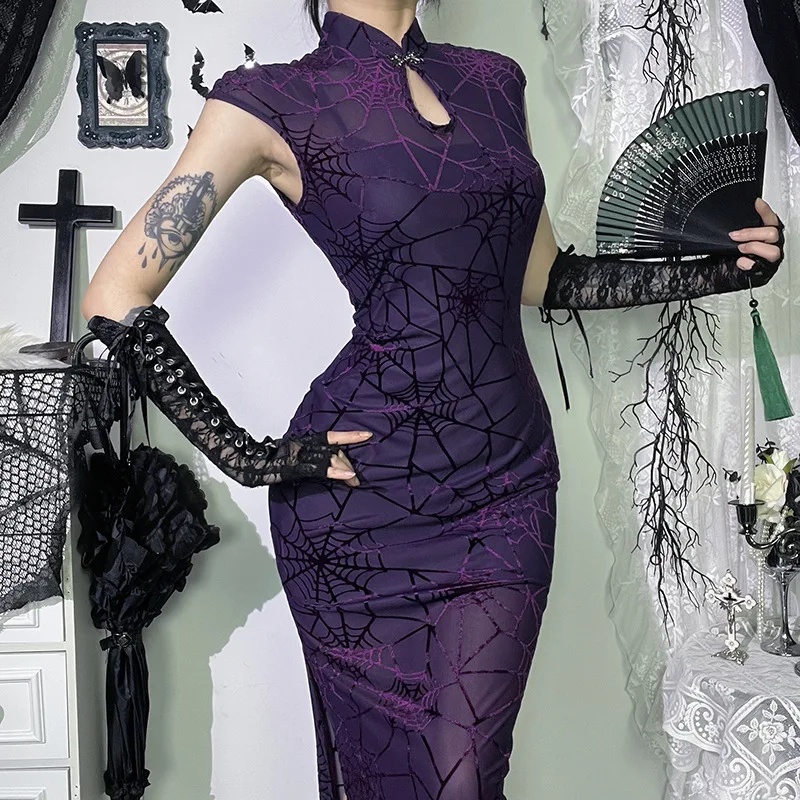 

1Pc Dark Spider Web New Chinese Cheongsam, unique pattern slim-fit dress, retro cold style for cosplay, parties and gifting