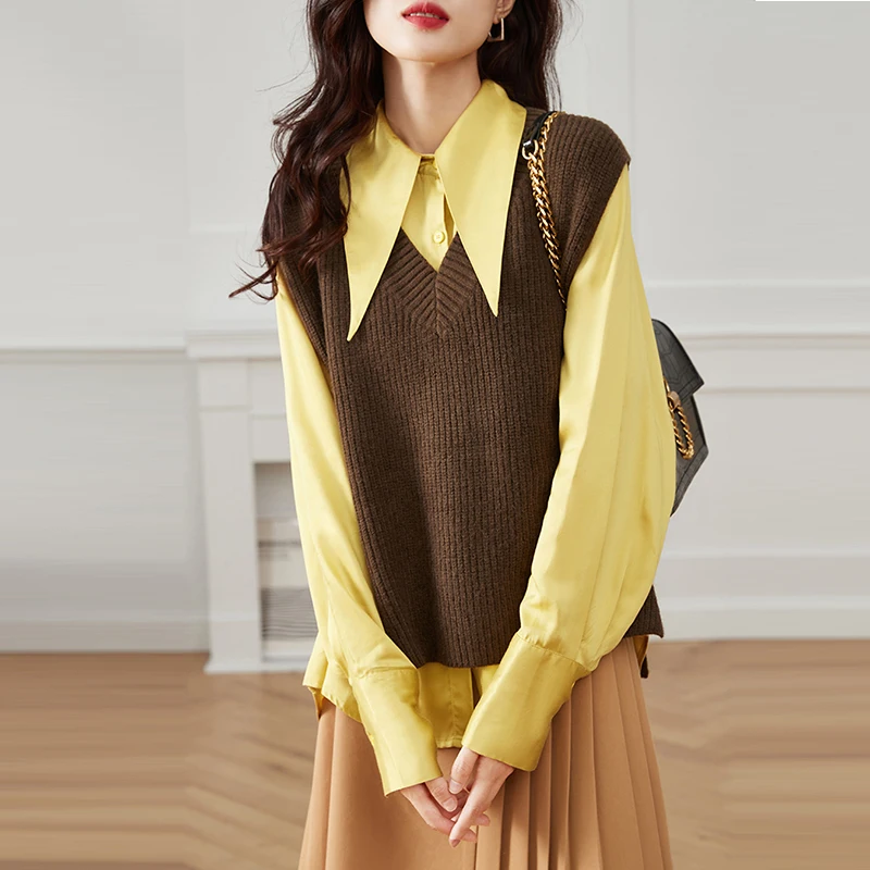 Yellow Oversized Work Wear Stain Shirts For Women Sping Casual Long Sleeve Vintage Sweet Tops Ladies