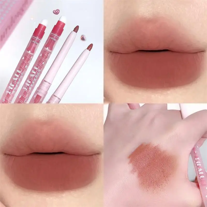 Matita per labbra opaca a doppia testa Penna per rossetto a lunga durata Tazza antiaderente Matita per labbra in velluto impermeabile con pennello Cosmetici per il trucco