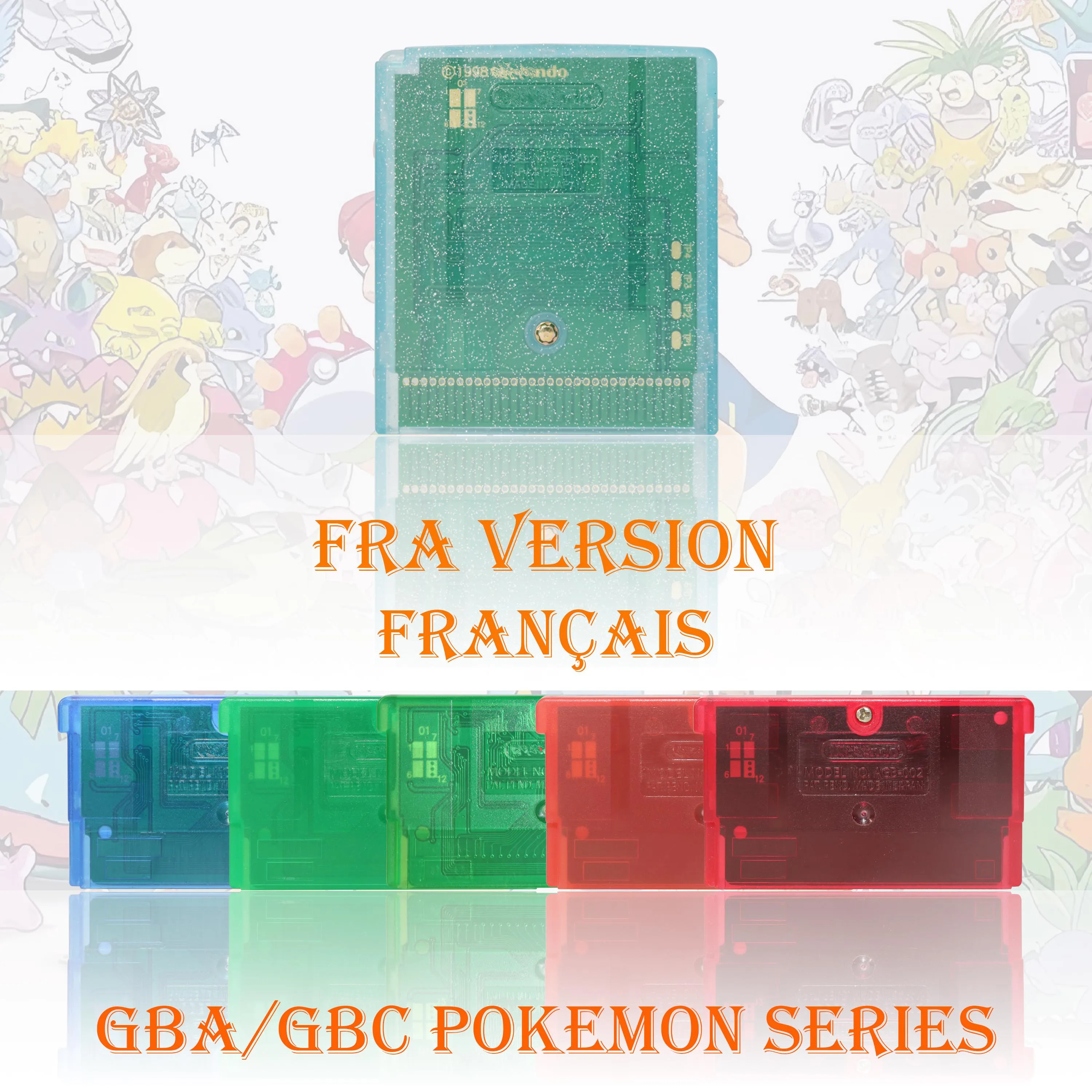 Versión FRA Pokemon Cristal/Saphir/Rouge Feu/Argent, cartucho de juego, tarjeta para consola de videojuegos, alta calidad, con batería para GBC GBA