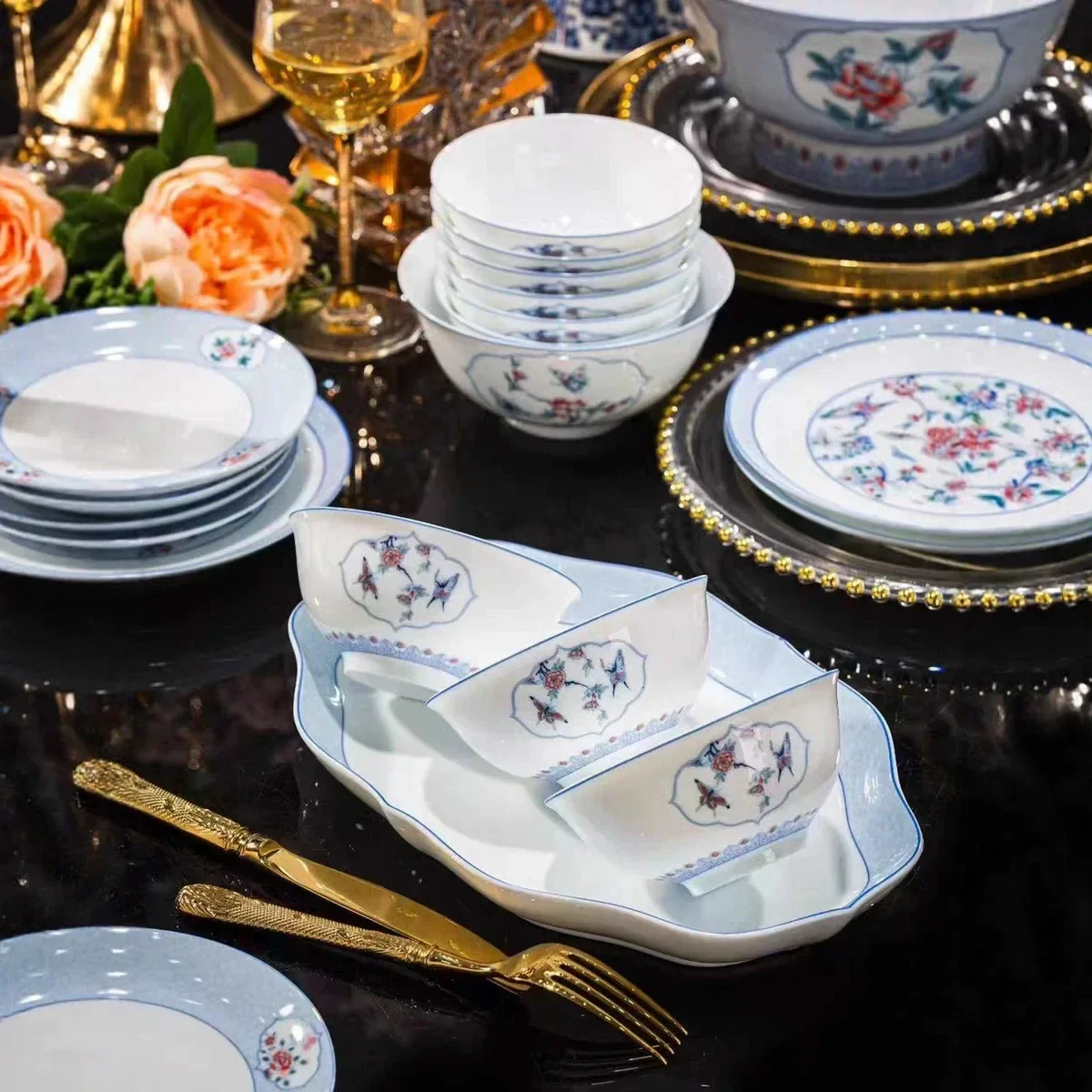 Jingdezhen High-end Tableware Set, Gift-glazed White Porcelain Bowls, Plates, Plates, Glazed Colored Bowls, Plates, PlatesX9