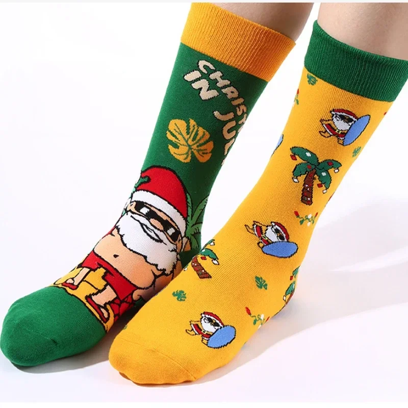 Calcetines de algodón asimétricos AB para hombre y mujer, medias de manga media con personalidad, a la moda, con estampado de hamburguesa, cerveza, Papá Noel, novedad de otoño e invierno