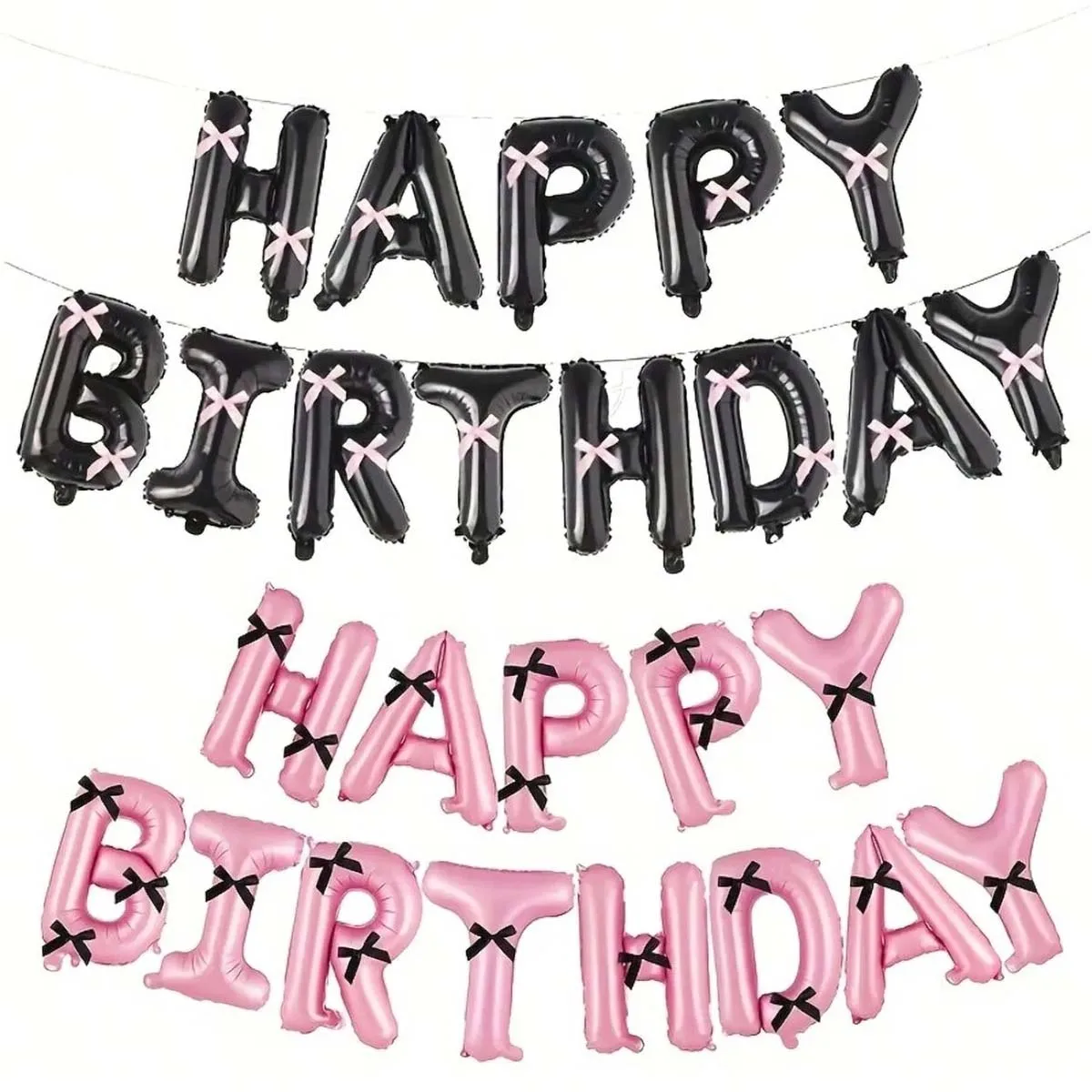 Juego de pancarta de globos de feliz cumpleaños con lazo rosa y negro con decoración de lazo, adecuado para fiestas de cumpleaños, decoración de fiestas.