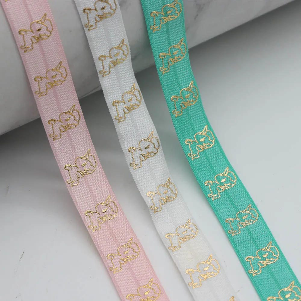 5/8'' 15MM Gold Foil Cute Unicorn Printed Fold Over Elastic Band FOE Ribbon For Ponytail Hair Tie DIY Sewing Accessories